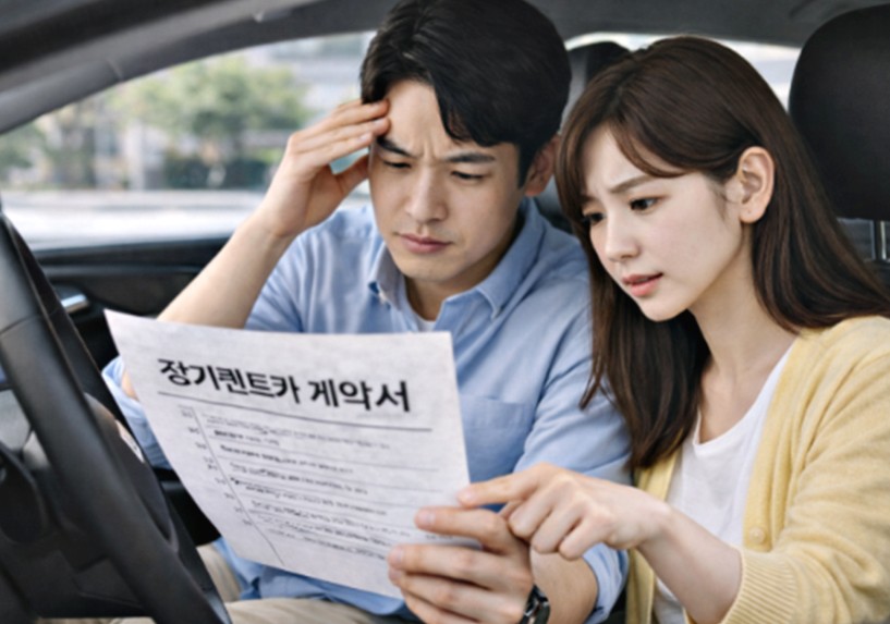 장기렌트 계약서를 검토하며 신용조회 관련 걱정을 하는 모습