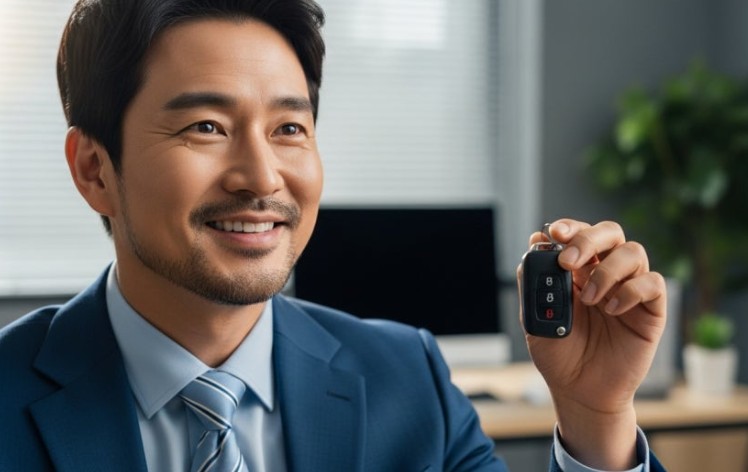 자동차 키를 들고 만족스러워하는 고객